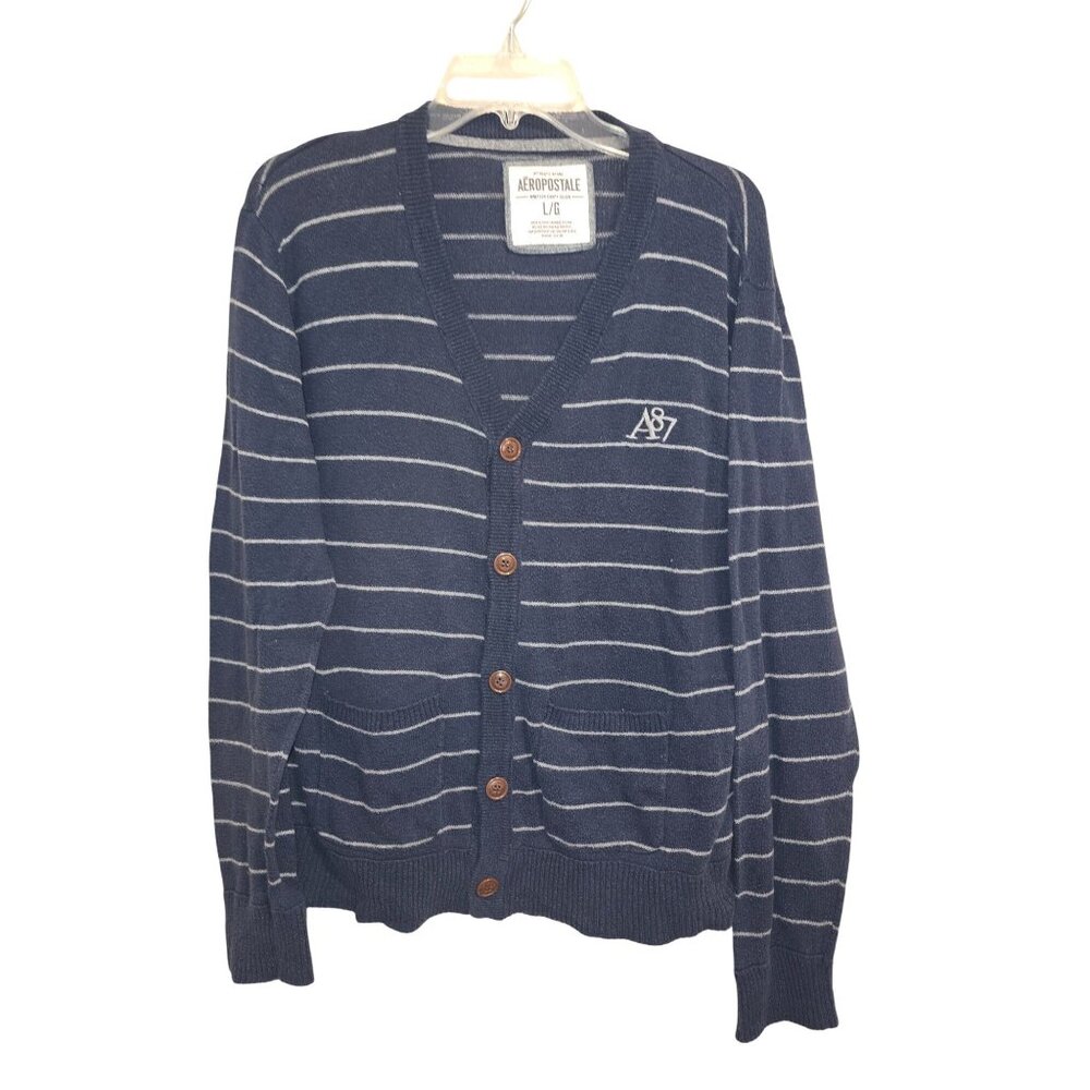 Aeropostale Mens Navy Striped Collegiate‎ Cardigan Sweater L/G Academia